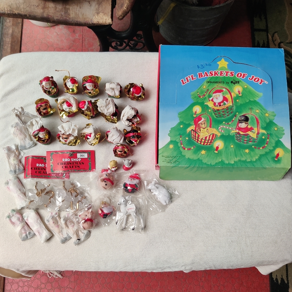 Vintage 33 Small Russ Christmas Ornament Lot in Store Display Box + Others NOS